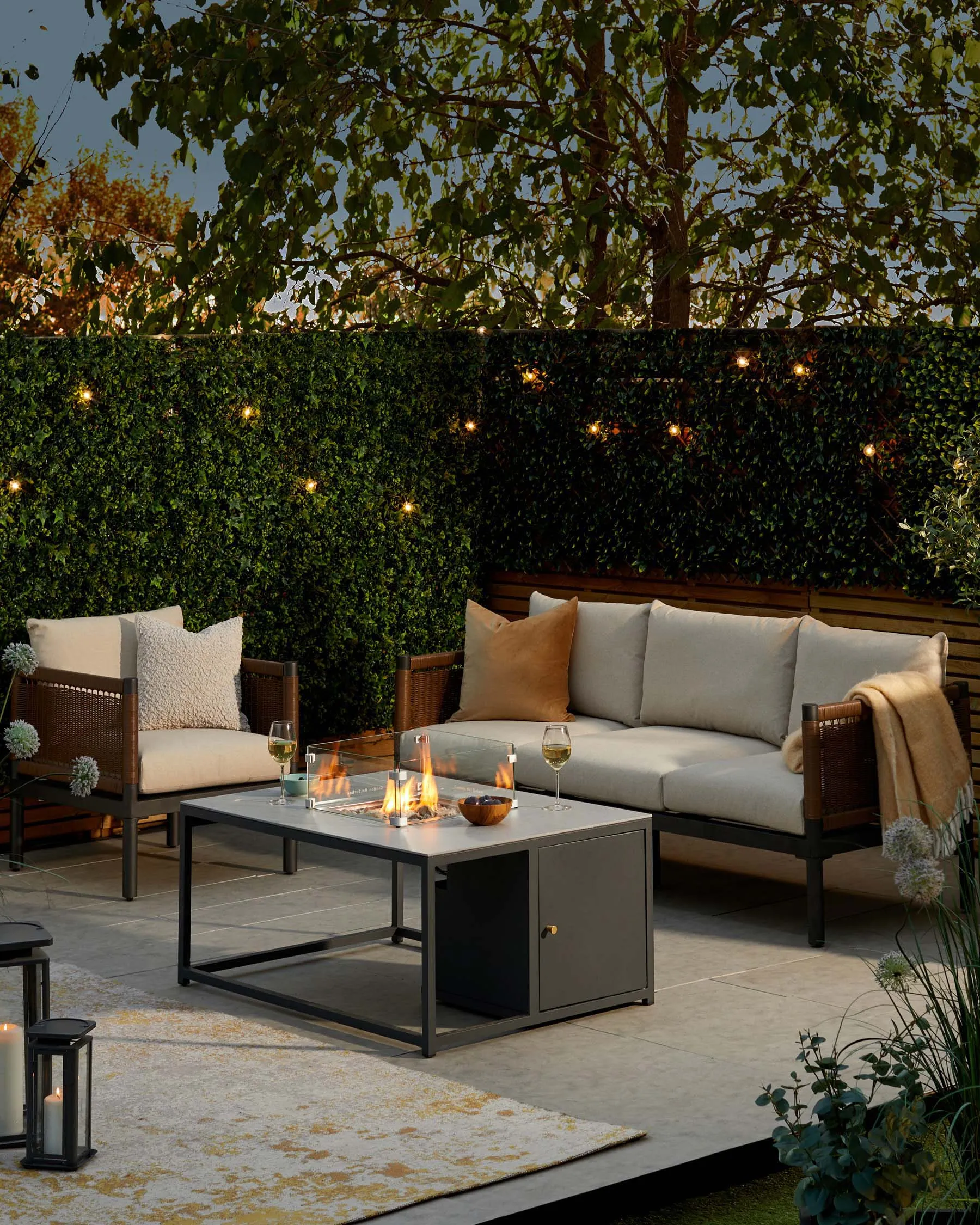Ember Fire Pit Table with Miami 3 Seater Bench and Armchairs