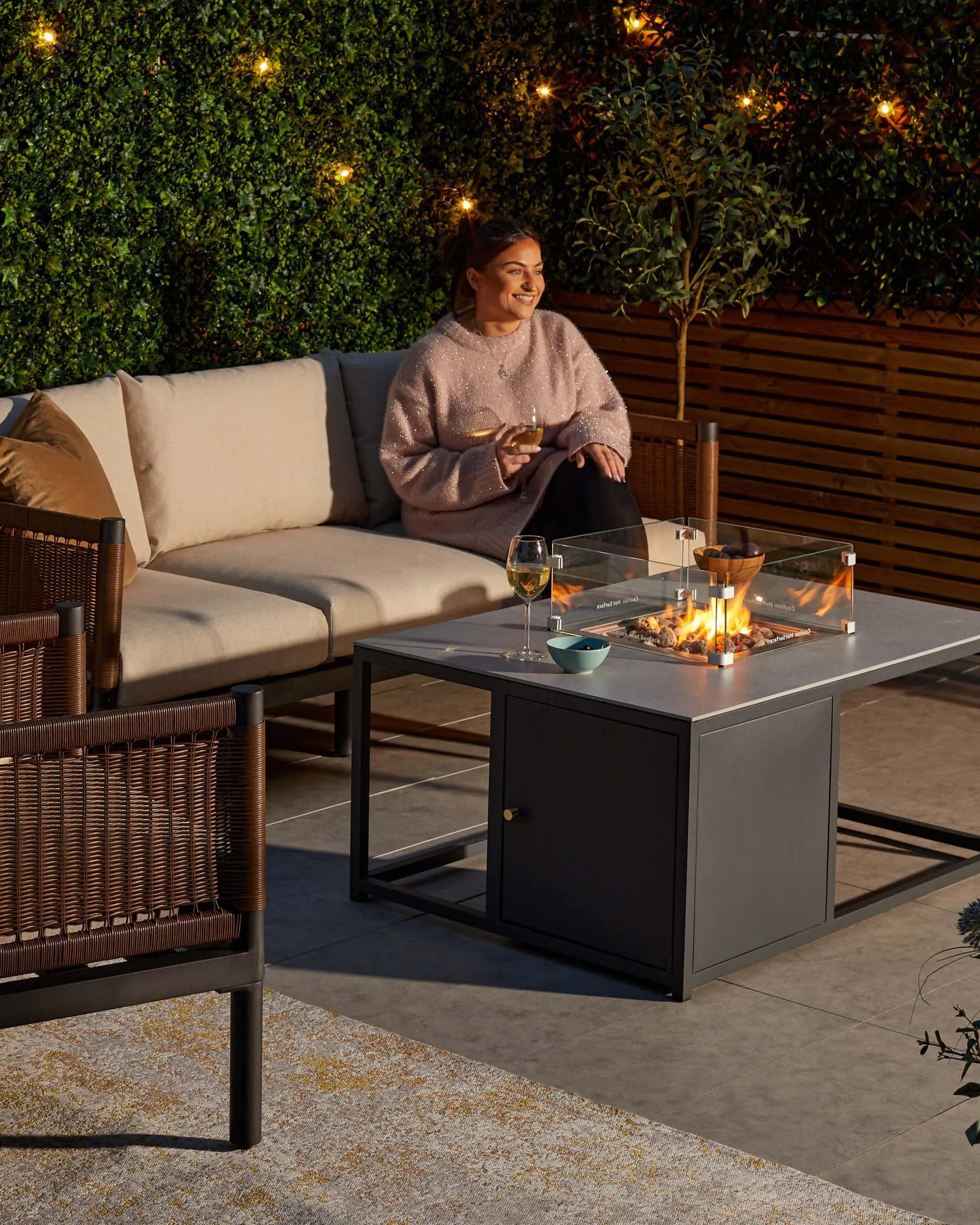 Ember Fire Pit Table with Miami 3 Seater Bench and Armchairs