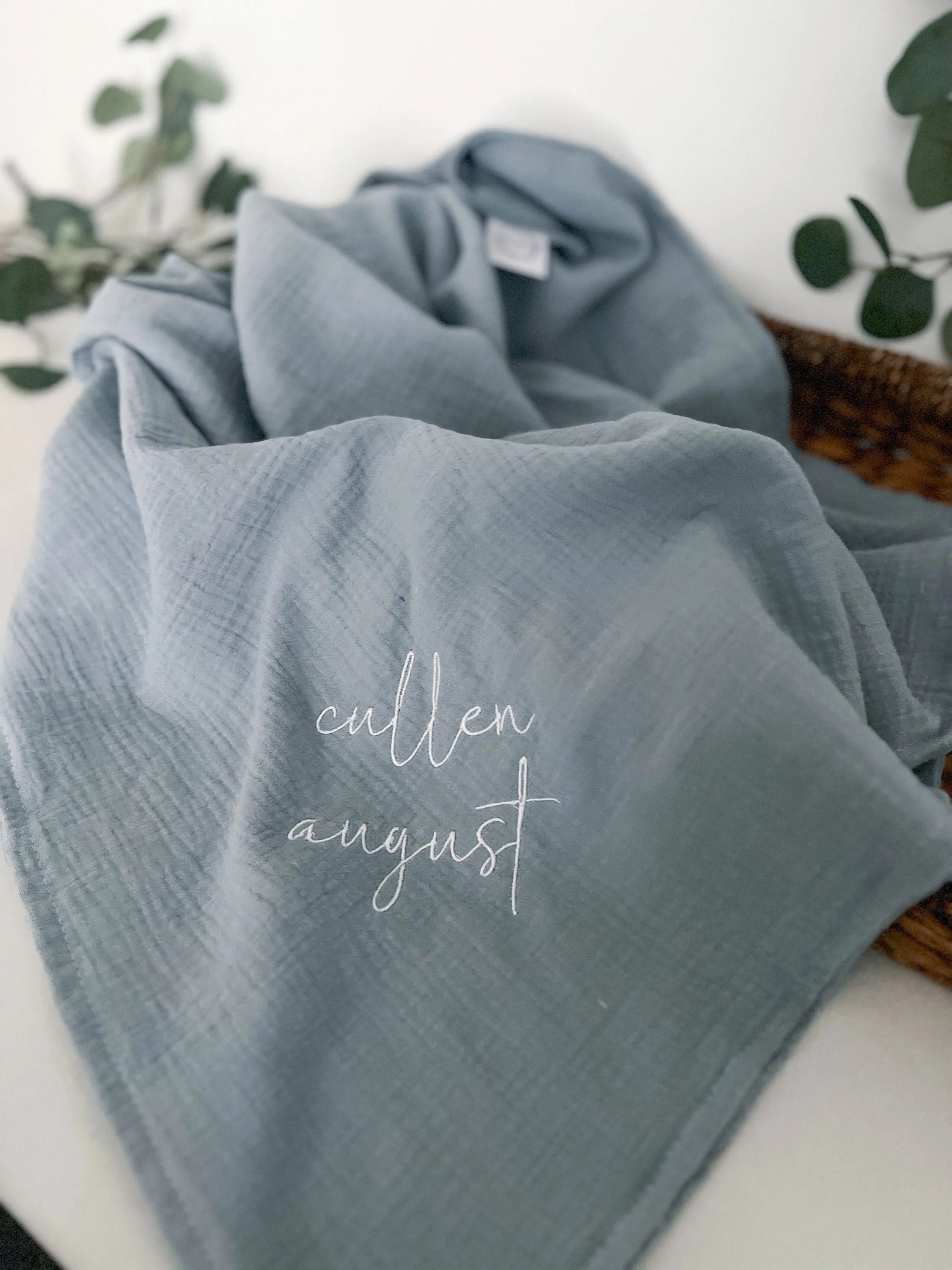 Lightweight Denim Muslin Gauze Embroidered Baby Blanket