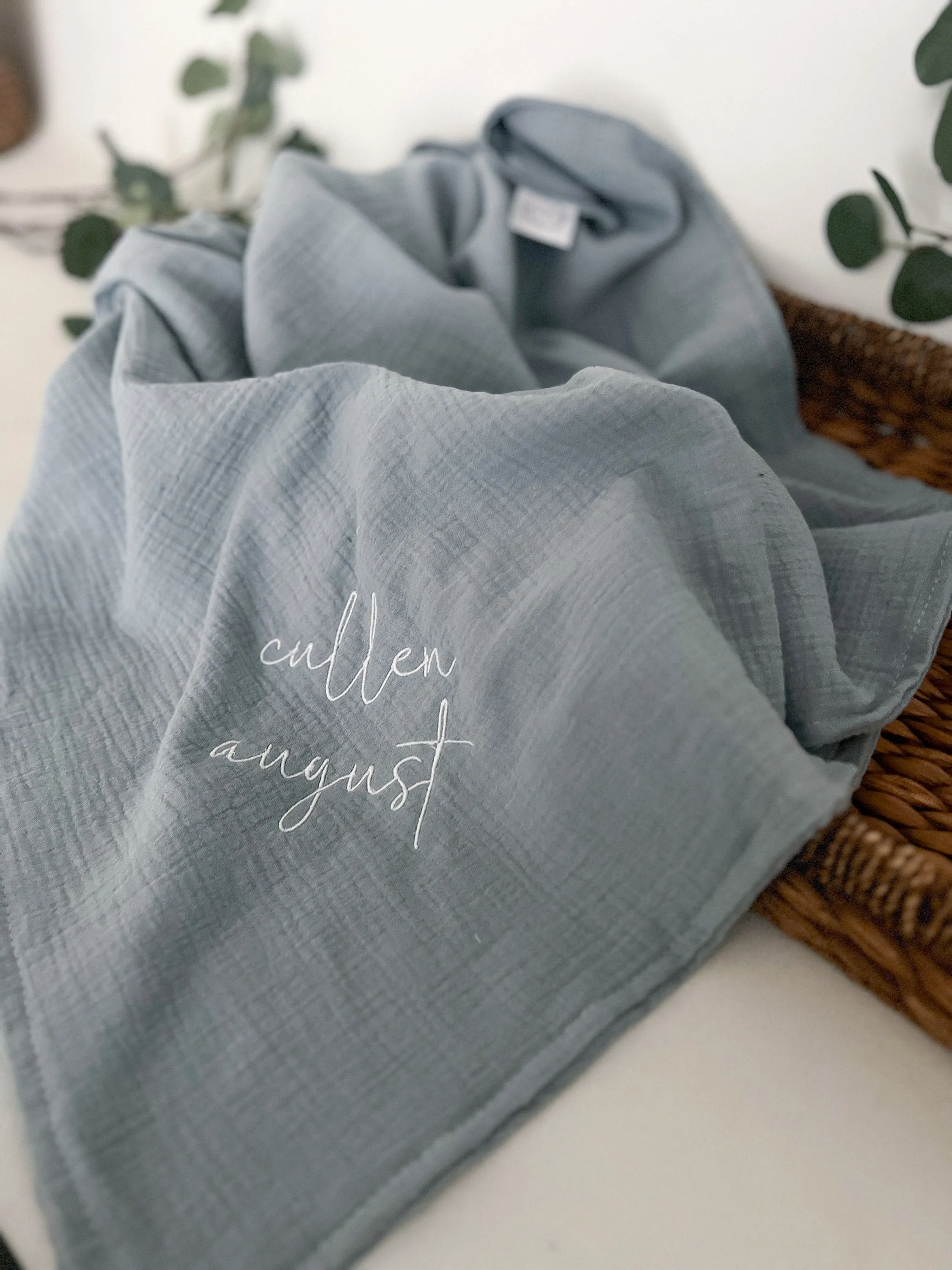 Lightweight Denim Muslin Gauze Embroidered Baby Blanket