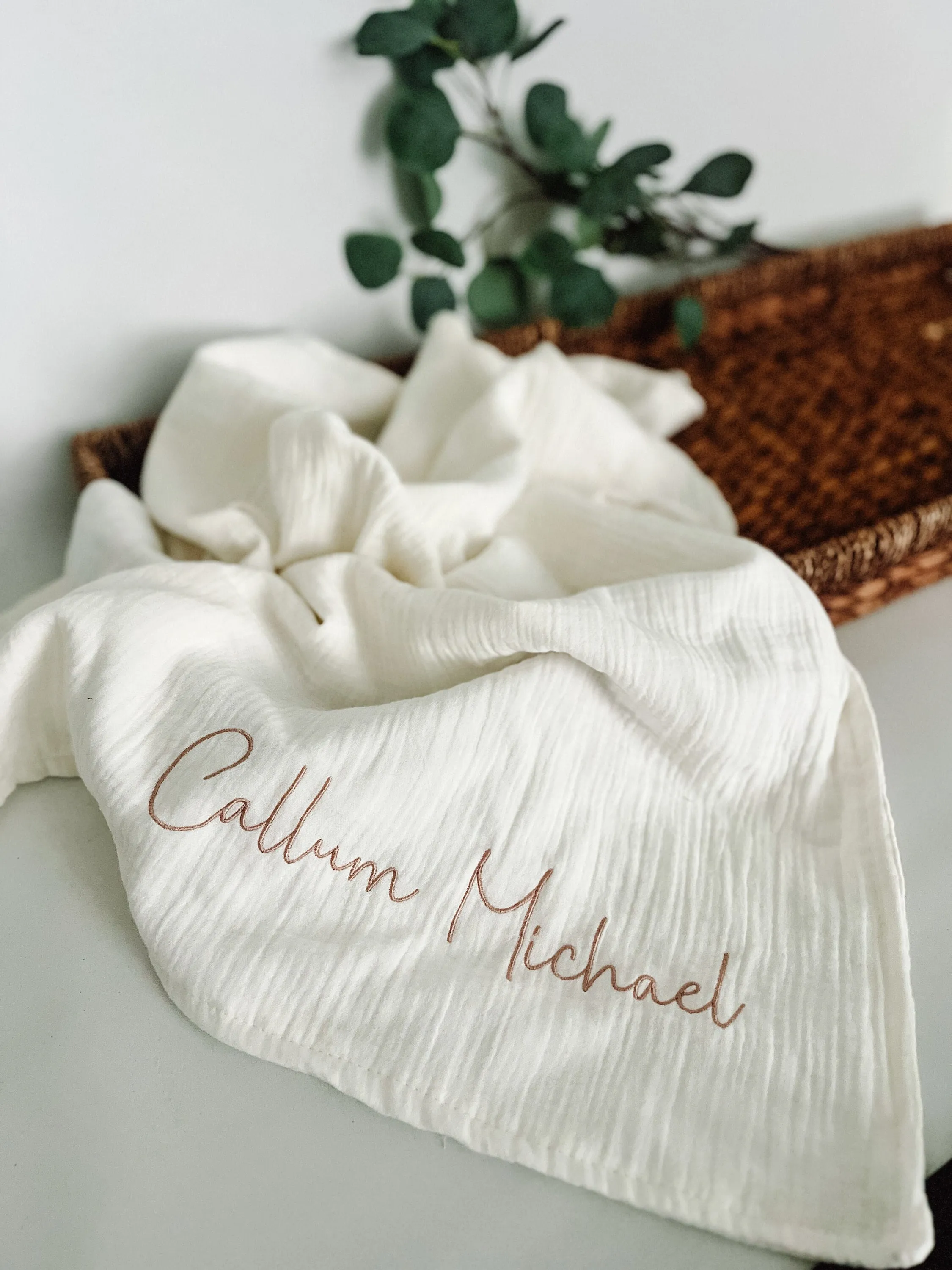 Lightweight White Muslin Gauze Embroidered Baby Blanket