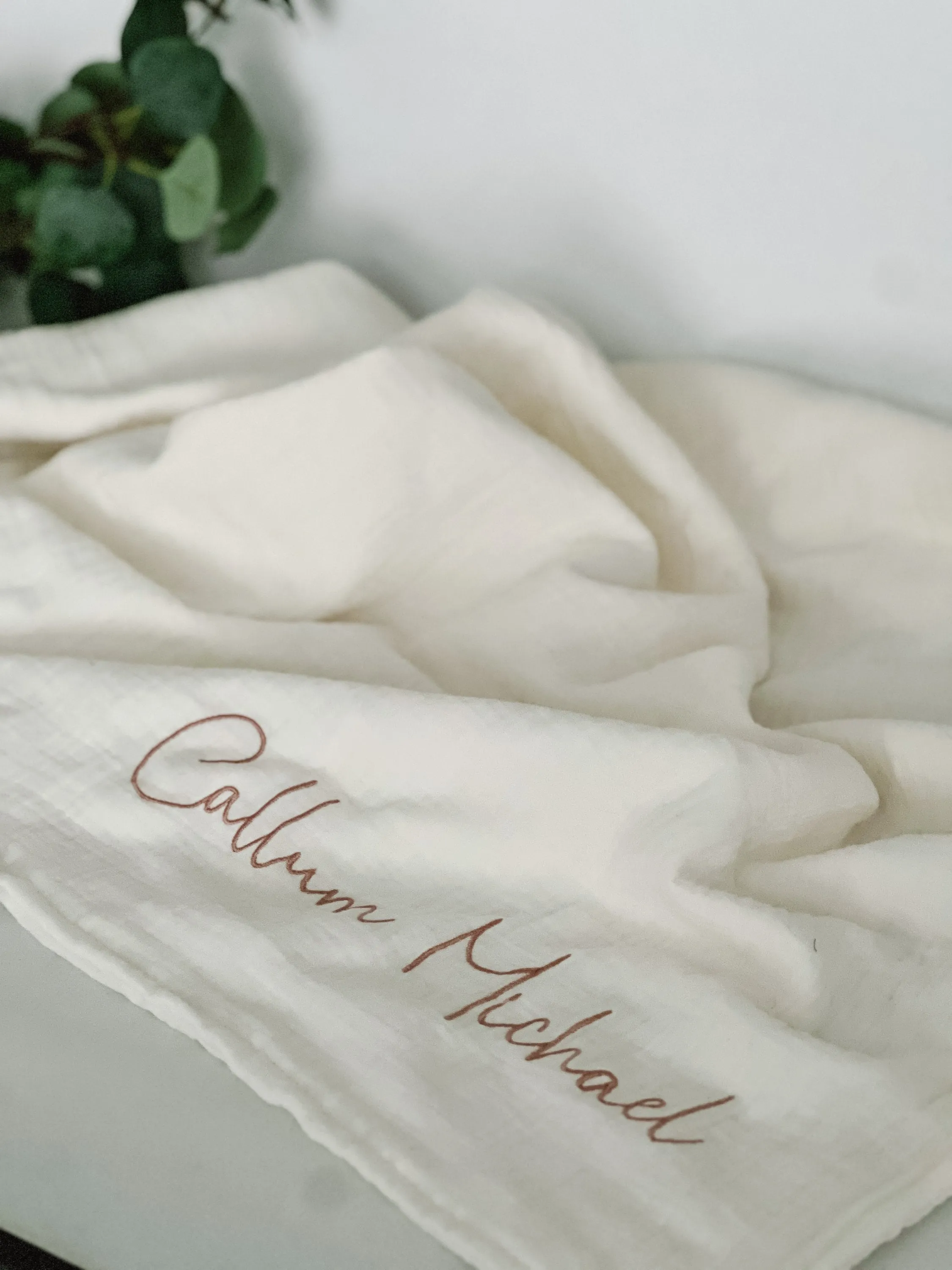 Lightweight White Muslin Gauze Embroidered Baby Blanket
