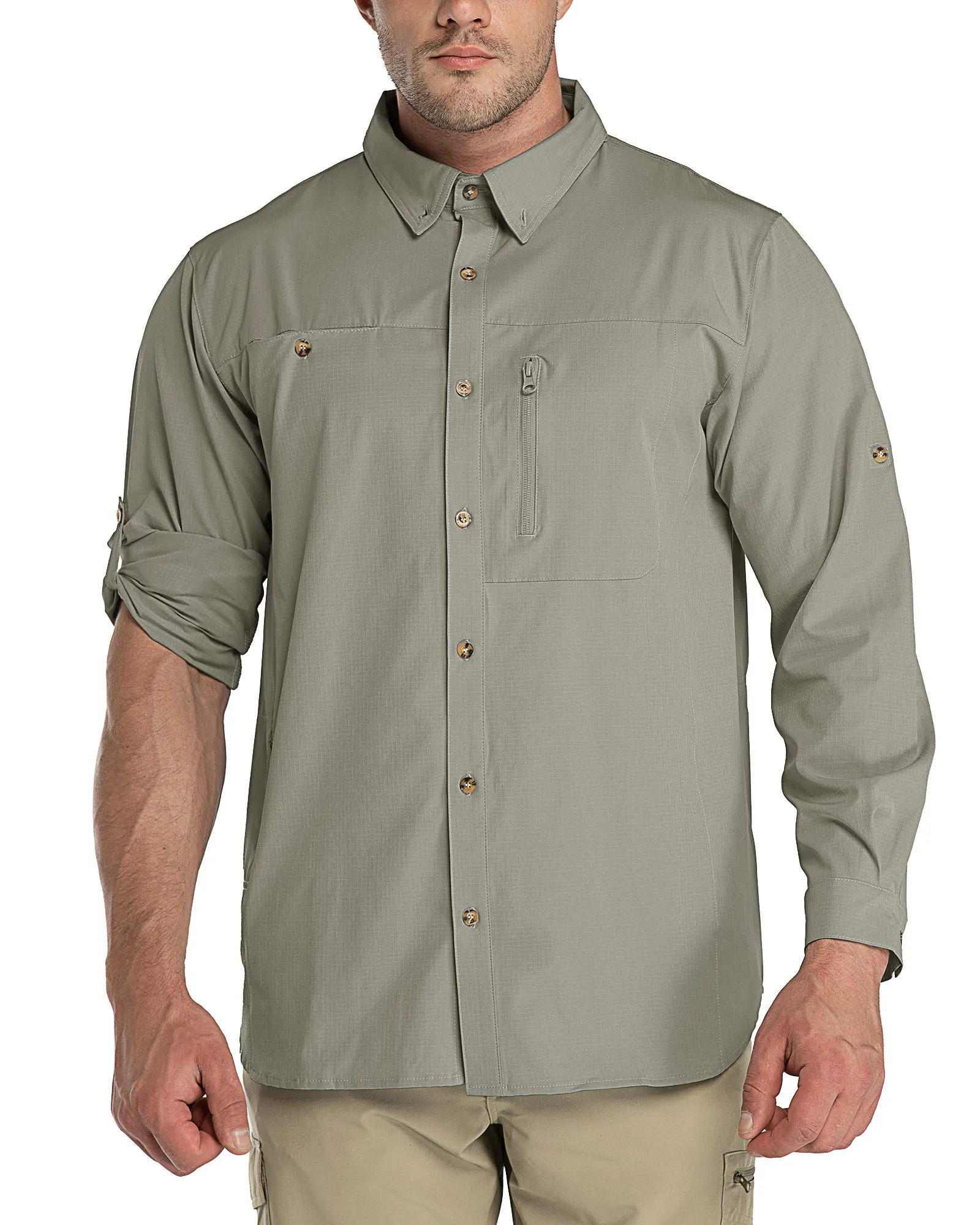 Men's 2 Zip Pockets UPF 50  Breathable Mesh Lined Vents Adjustable Sleeve Shirt