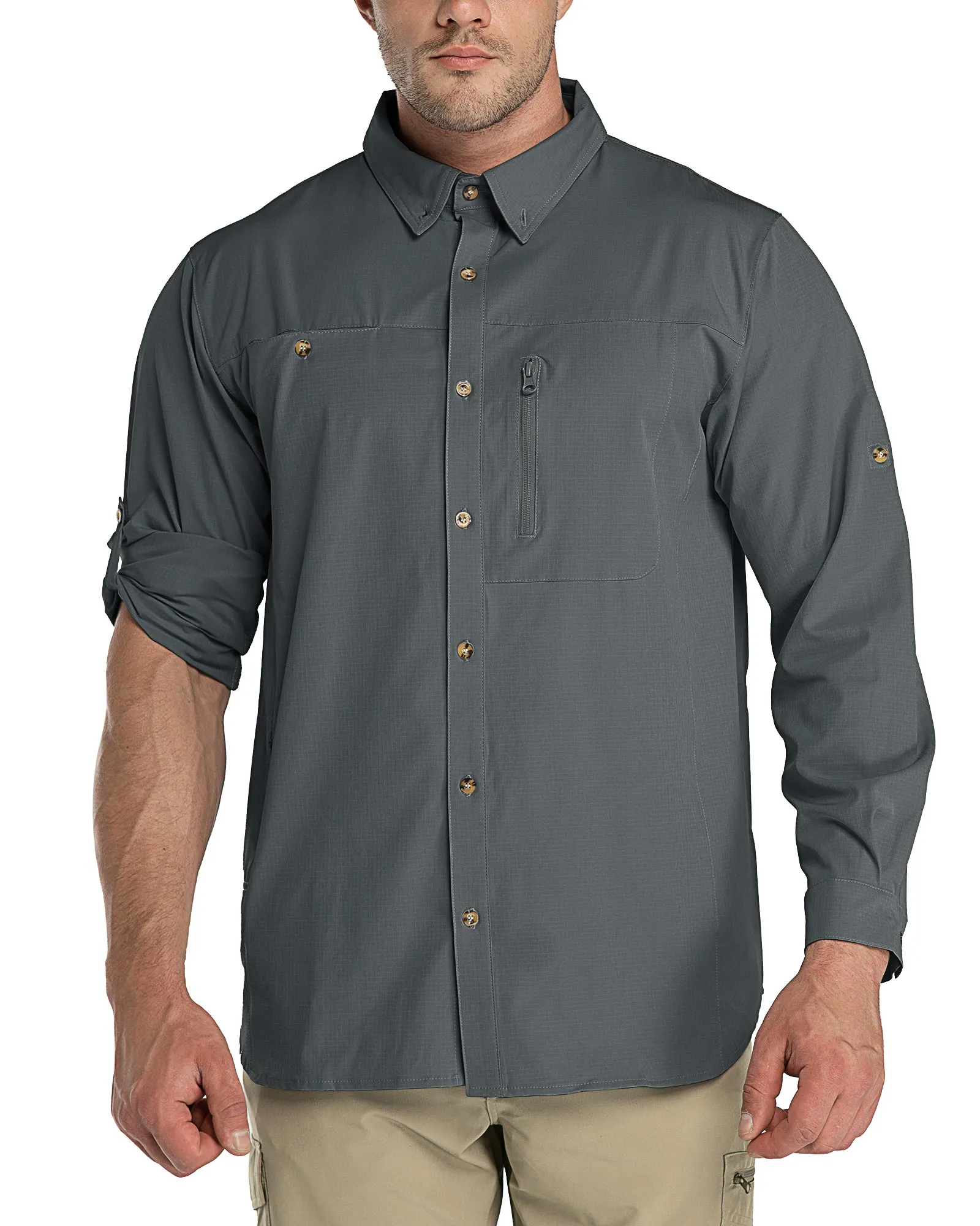 Men's 2 Zip Pockets UPF 50  Breathable Mesh Lined Vents Adjustable Sleeve Shirt