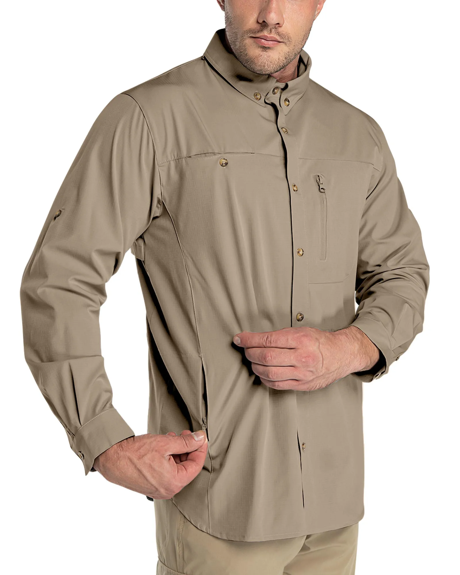 Men's 2 Zip Pockets UPF 50  Breathable Mesh Lined Vents Adjustable Sleeve Shirt
