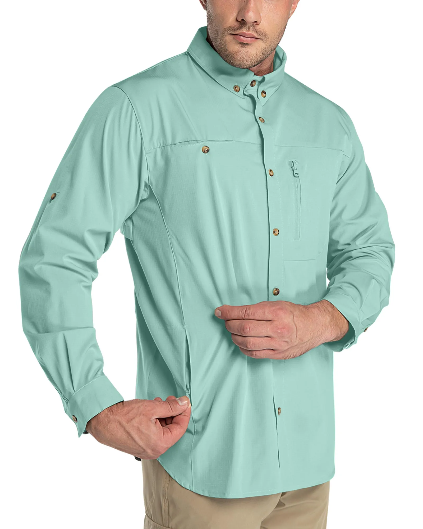 Men's 2 Zip Pockets UPF 50  Breathable Mesh Lined Vents Adjustable Sleeve Shirt