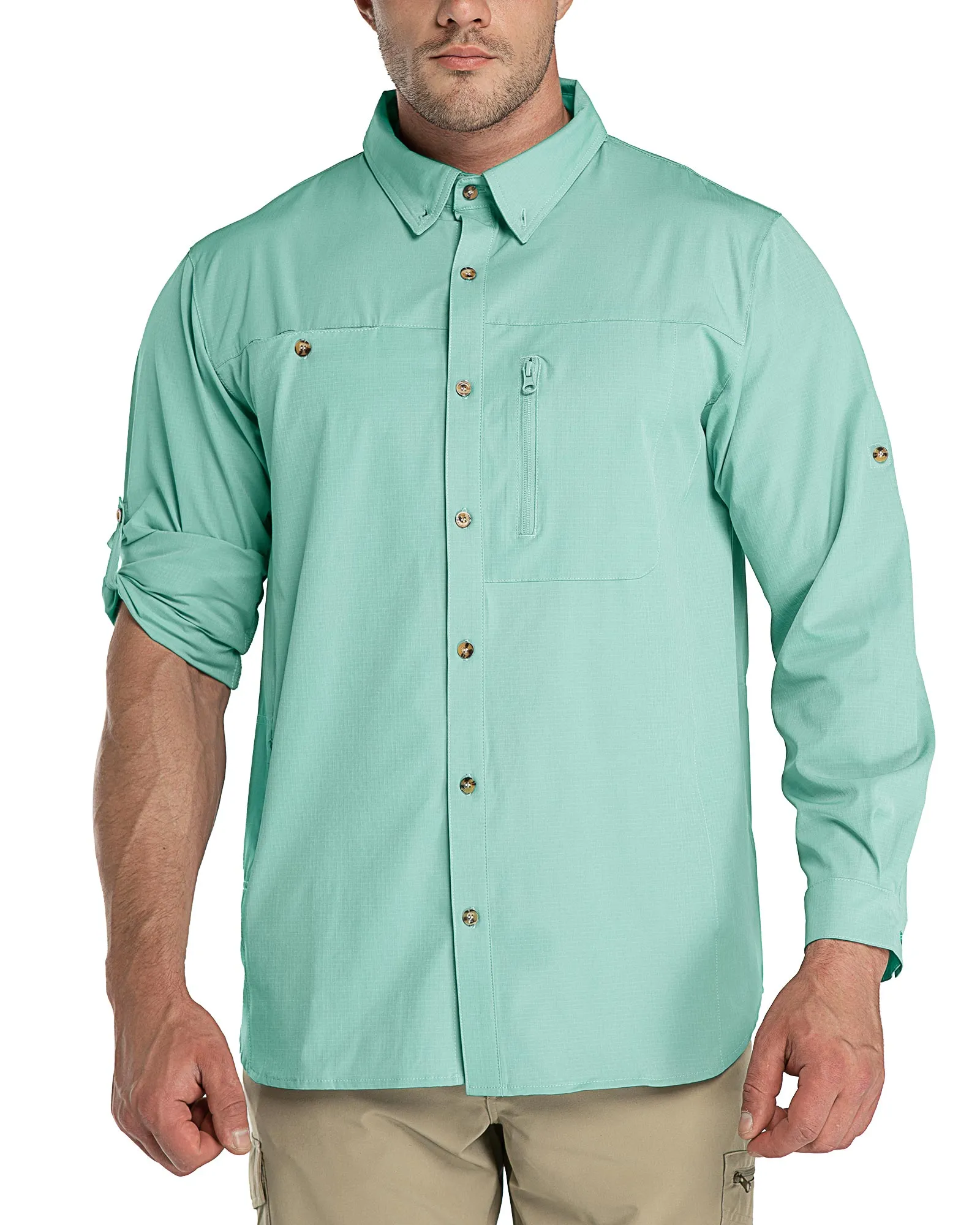 Men's 2 Zip Pockets UPF 50  Breathable Mesh Lined Vents Adjustable Sleeve Shirt