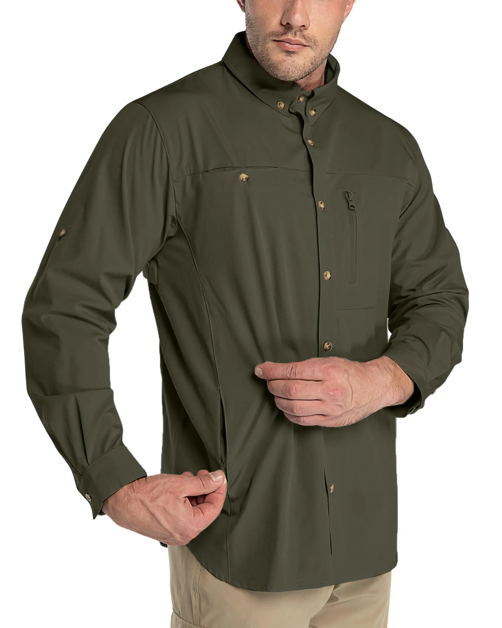 Men's 2 Zip Pockets UPF 50  Breathable Mesh Lined Vents Adjustable Sleeve Shirt