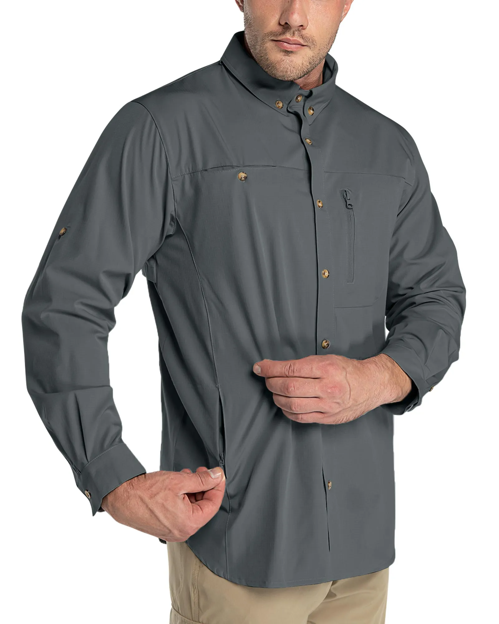 Men's 2 Zip Pockets UPF 50  Breathable Mesh Lined Vents Adjustable Sleeve Shirt