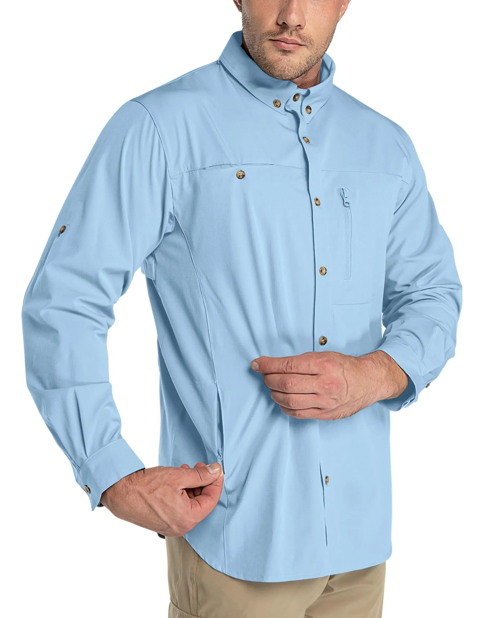 Men's 2 Zip Pockets UPF 50  Breathable Mesh Lined Vents Adjustable Sleeve Shirt