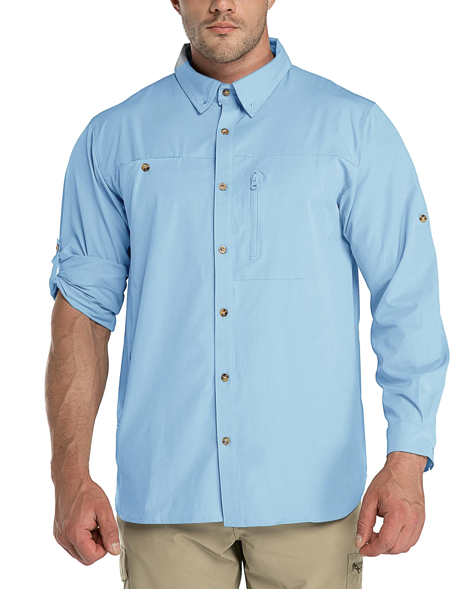 Men's 2 Zip Pockets UPF 50  Breathable Mesh Lined Vents Adjustable Sleeve Shirt