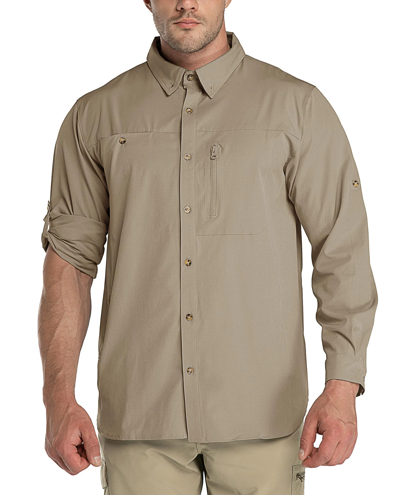 Men's 2 Zip Pockets UPF 50  Breathable Mesh Lined Vents Adjustable Sleeve Shirt