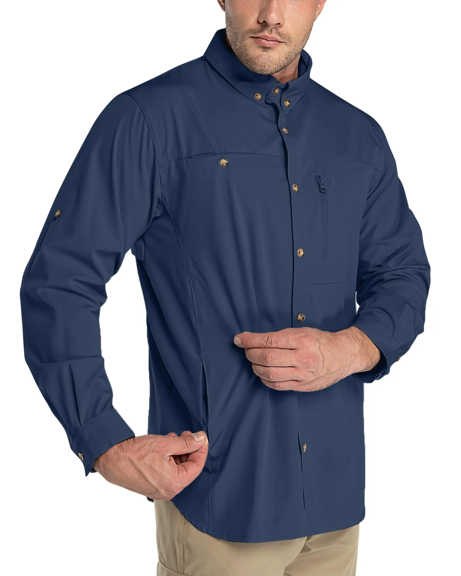 Men's 2 Zip Pockets UPF 50  Breathable Mesh Lined Vents Adjustable Sleeve Shirt