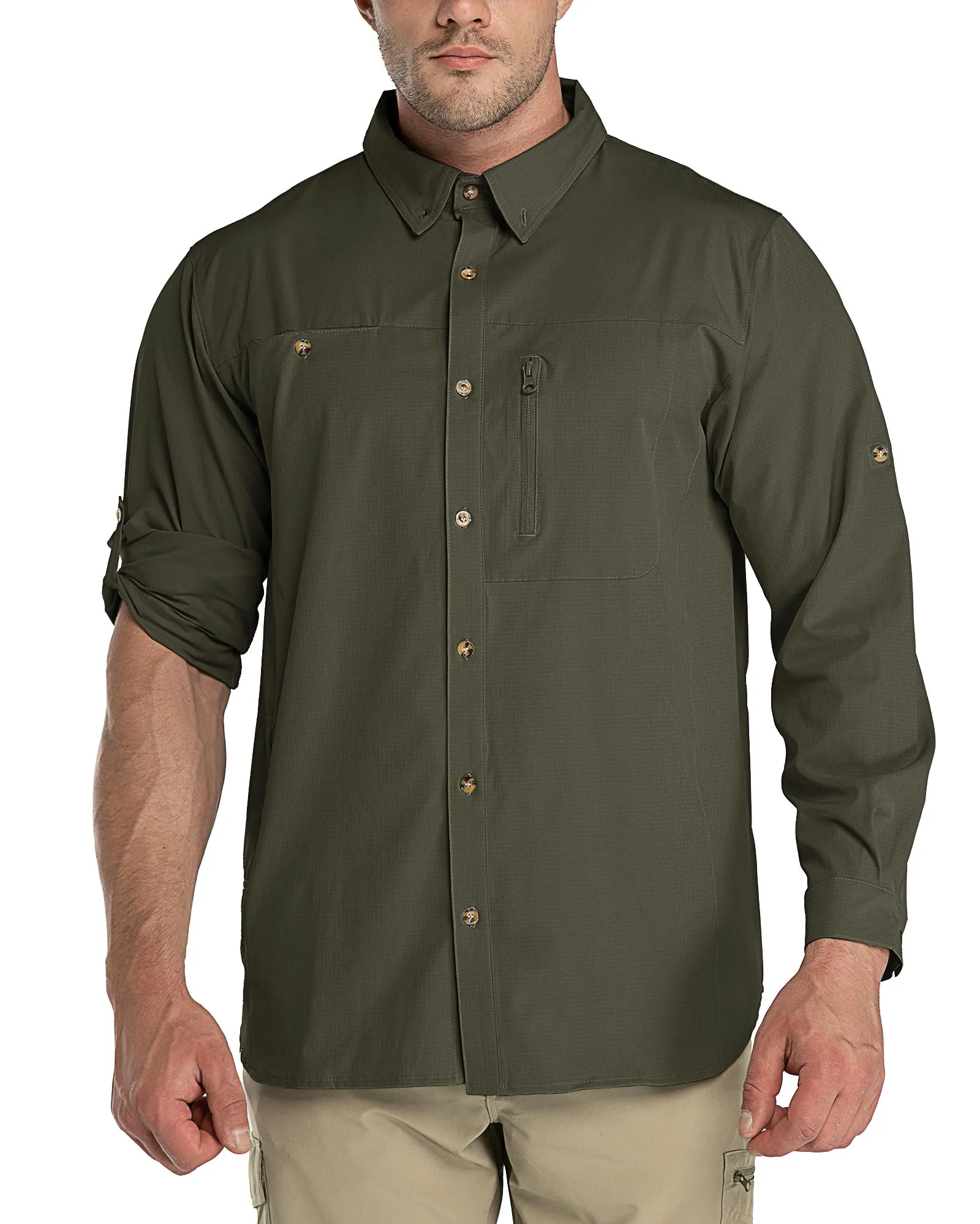 Men's 2 Zip Pockets UPF 50  Breathable Mesh Lined Vents Adjustable Sleeve Shirt