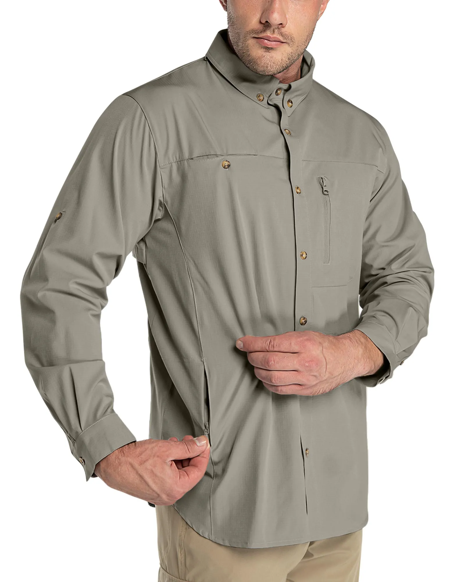 Men's 2 Zip Pockets UPF 50  Breathable Mesh Lined Vents Adjustable Sleeve Shirt