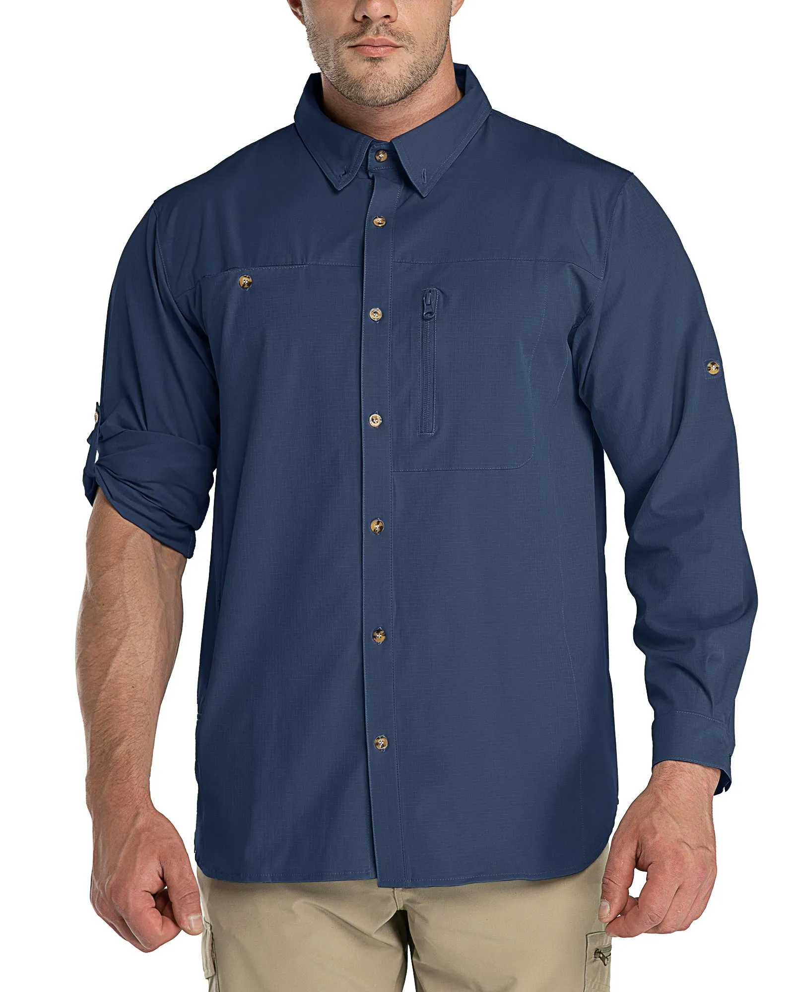 Men's 2 Zip Pockets UPF 50  Breathable Mesh Lined Vents Adjustable Sleeve Shirt